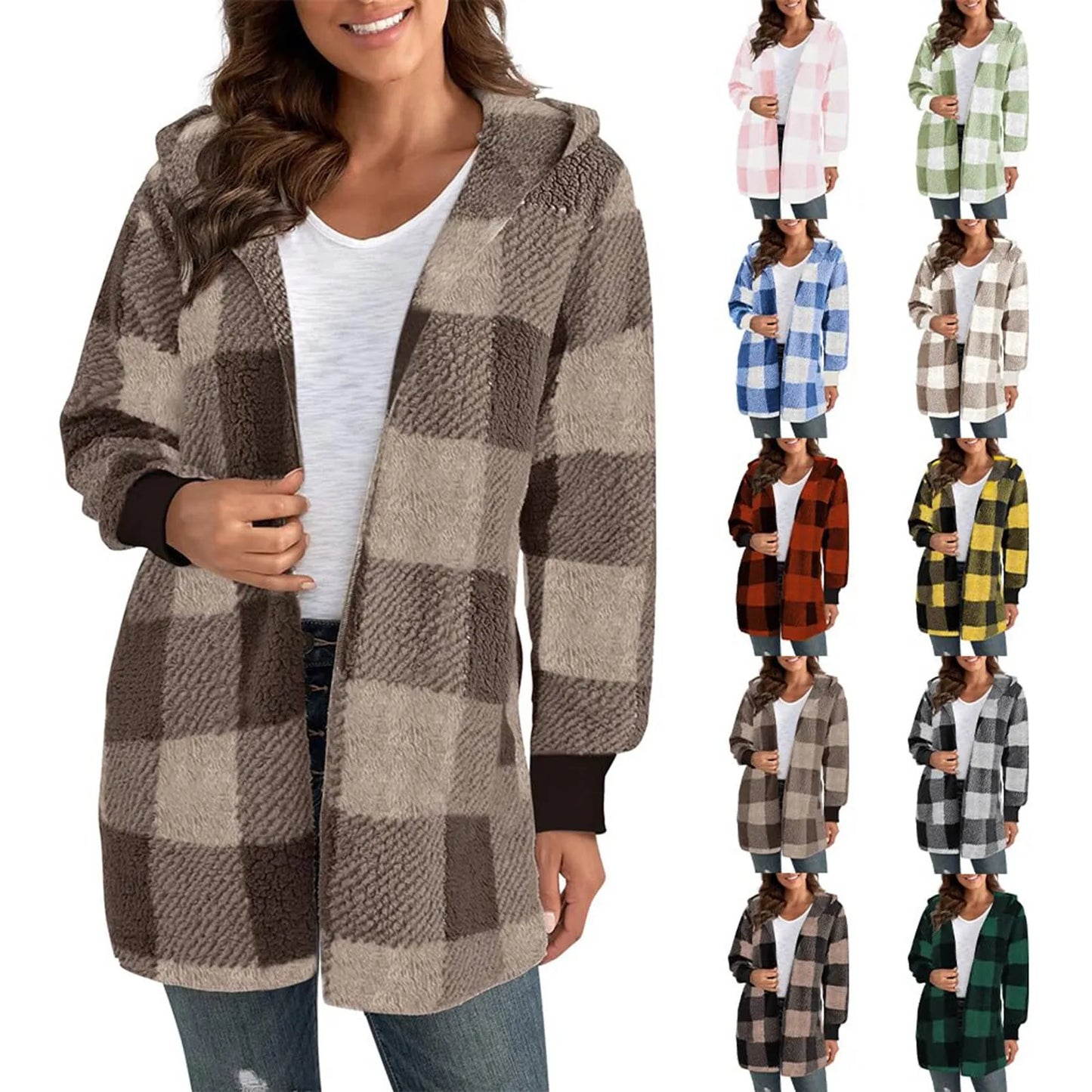 Lapel Plush Elegant Coats Plaid Faux Fur Outwear Loose Trend Women Long Sleeve Pockets Long-Cut Coats Winter Women Faux Fur Coat