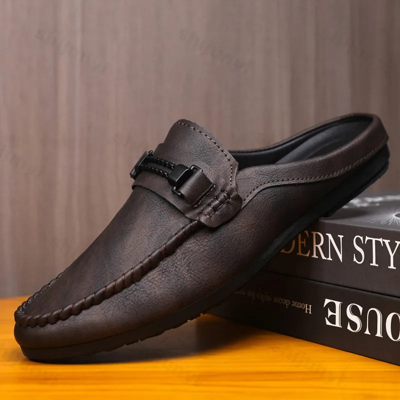 Men Half Slippers 2025 Summer Breathable Mens Casual Shoes Comfortable Walking Loafers Moccasins PU Leather Men Fashion Slippers