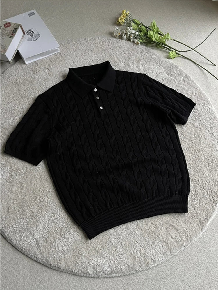 Fashionable Slim Fit Mens Knitted Polo Shirts Summer Casual Twist Jacquard Knit Tops Men Trendy Button Polo Neck Knitting Shirt