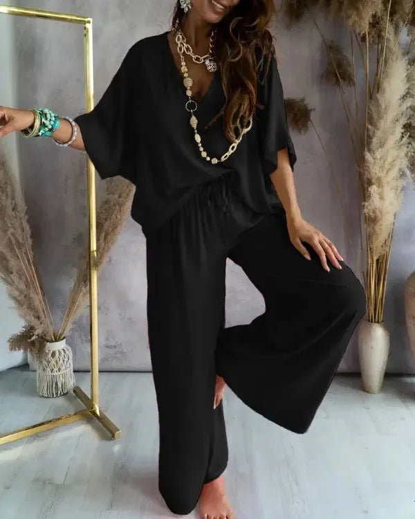 Women's Summer Trousers Suit V-neck Bat Sleeve Casual Top Lace-up Trousers Loose Solid Color Suit Two-piece Set
