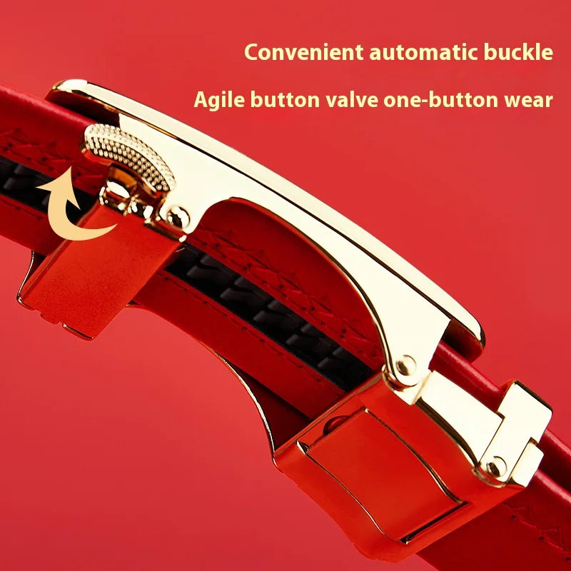 Unisex belt red leather belt automatic buckle adjustable belt in Europe and the United States personality trend pants belt