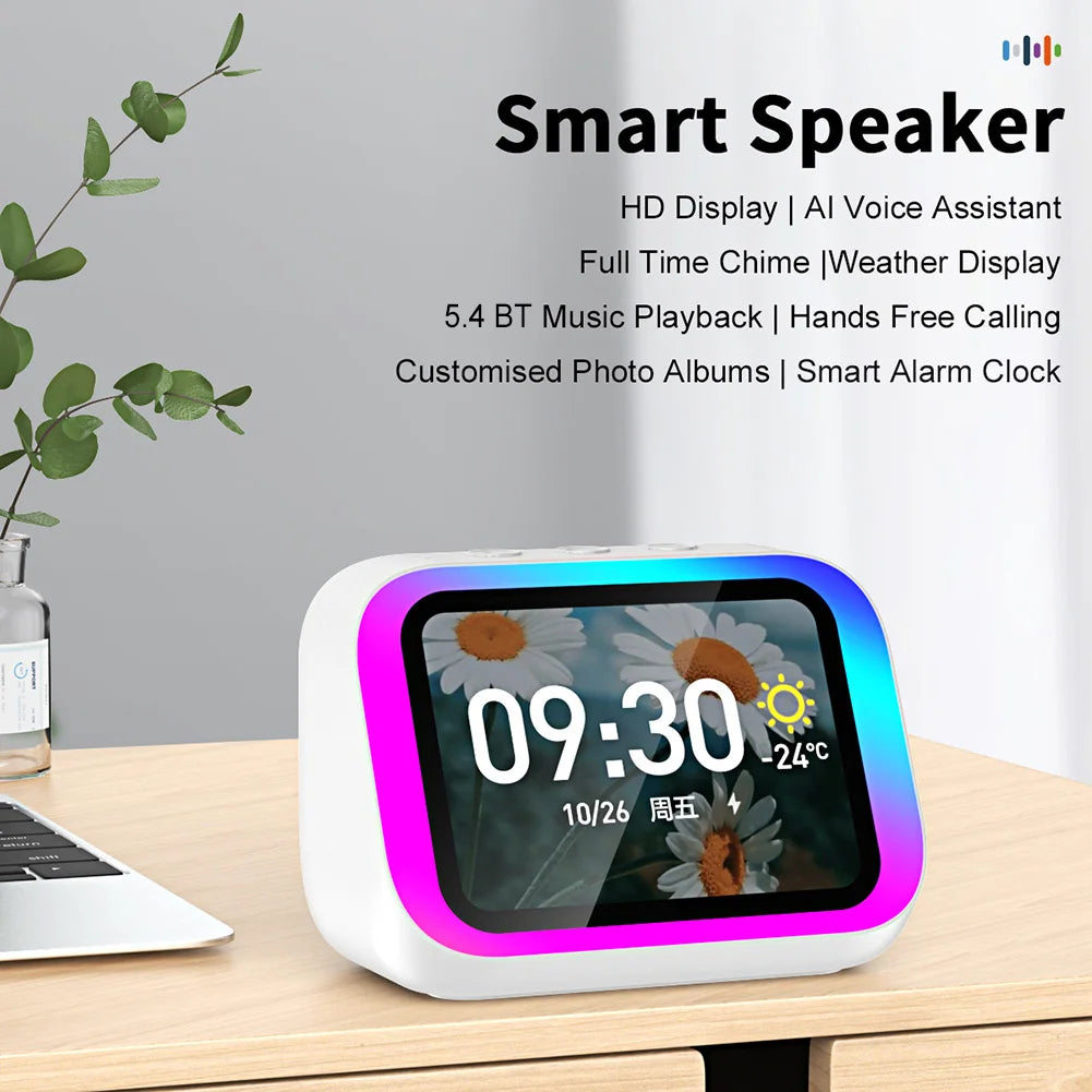 Smart BT Speaker Voice Assistant with HD Screen TYPE-C Charging App Controlled Alarm Clock Info Push Notifications Music Player