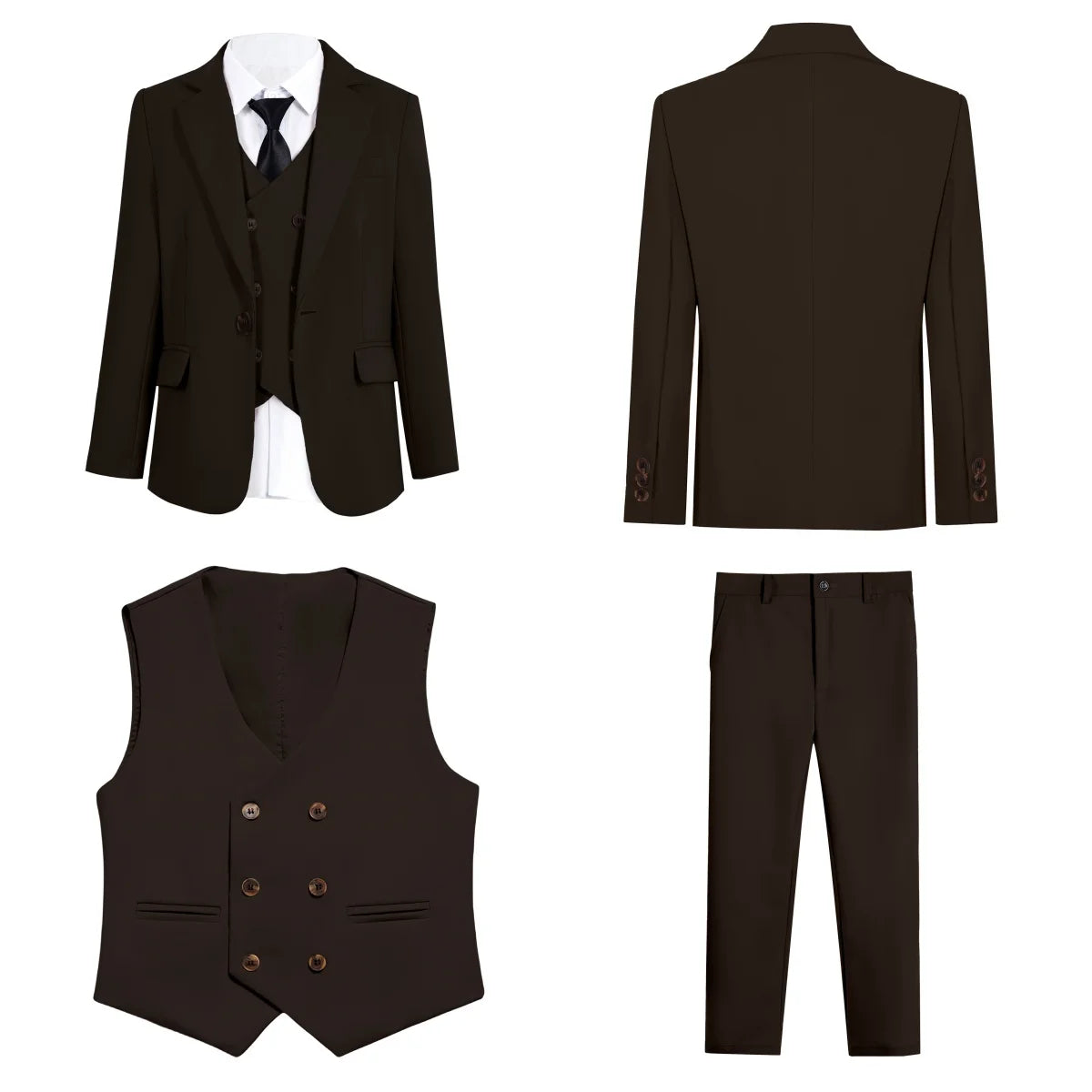 Vintage Brown Formal Suit Set for Kids, 3-14 Years Boy's Tuxedo Set, Blazer, Vest, Pants, Bow-tie, Graduation Party Dresswear
