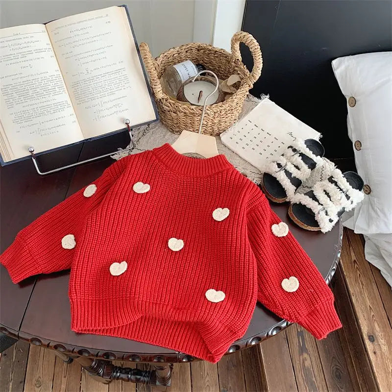Sweaters for Boys Girls Winter Warm Kids Sweater Red Cartoon Love Knitted Top Christmas Outfit Girls Boys Casual Simple Fashion