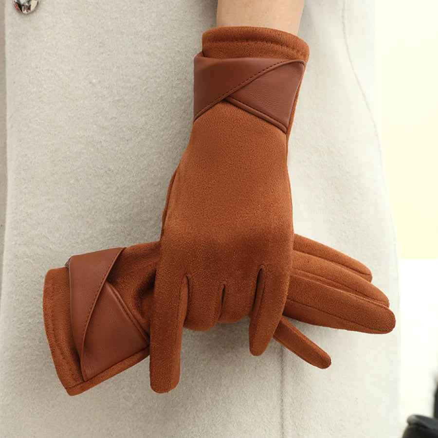 Korean version of warm gloves for women's winter fashion, simple temperament, and velvet anti cold touch screen riding windproof