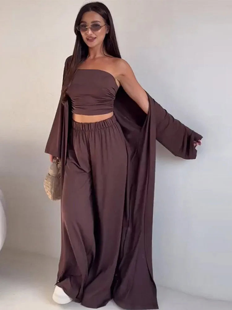 Pants Sets Women 3 Piece Off Shoulder Sleeveless Cropped Tank Top Long Cardgian Elastic Wide Leg Pant Female Suit Lady Outfits