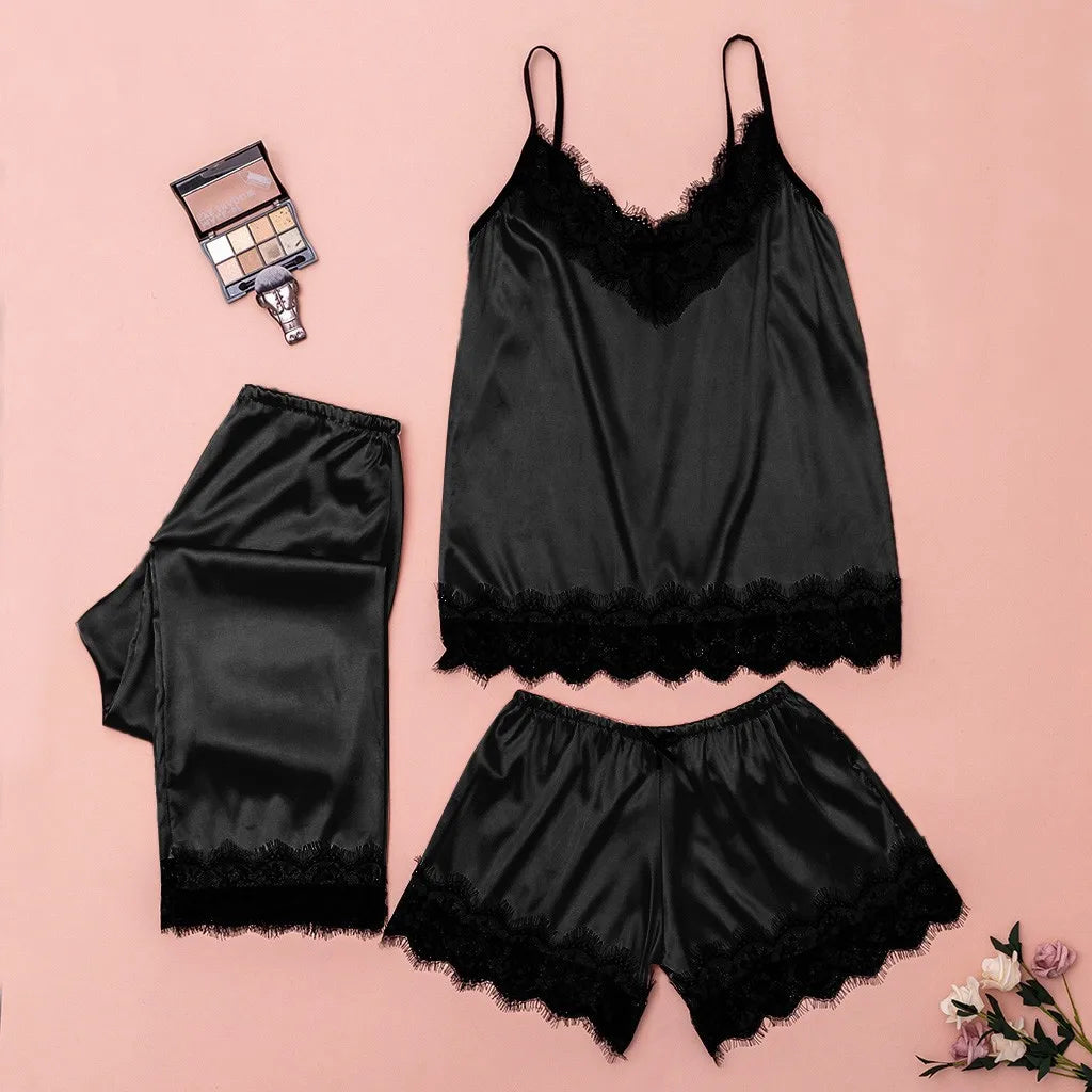 Sexy Pajama Set for Women Black Lace Satin V-Neck Pyjama Sleeveless Cute Cami Top Shorts Trousers Lingerie Nightie Homewear 3pcs