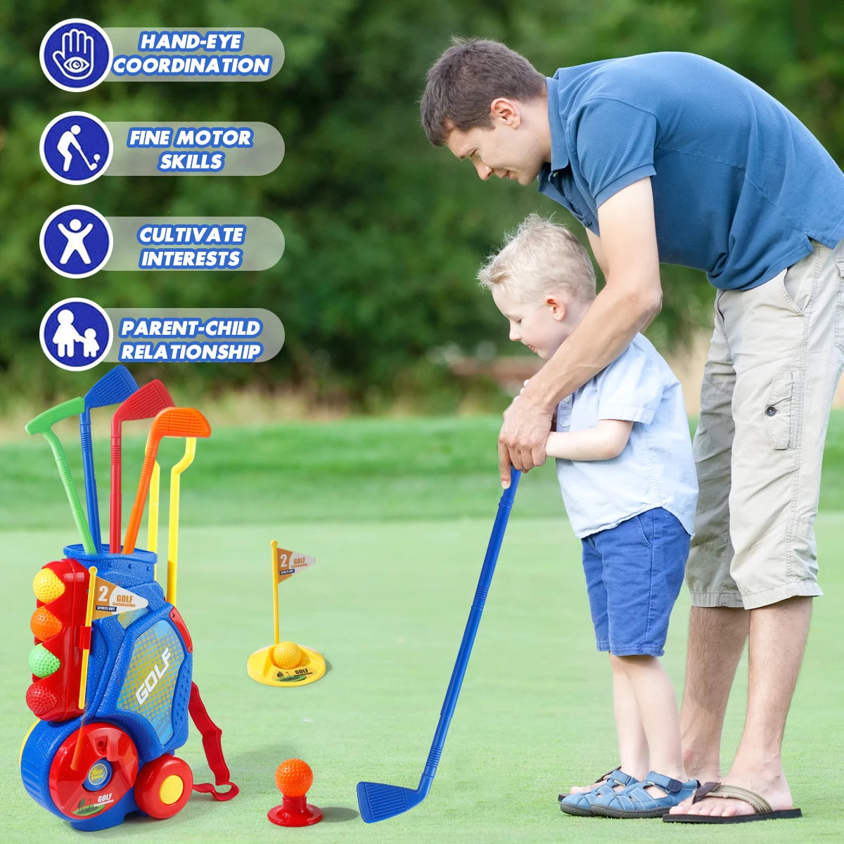 Upgraded Golf Toy Set with Golf Balls, Blue Golf Cart with Shoulder Strap, Indoor/Outdoor Sports Toy, Christmas/Thanksgiving