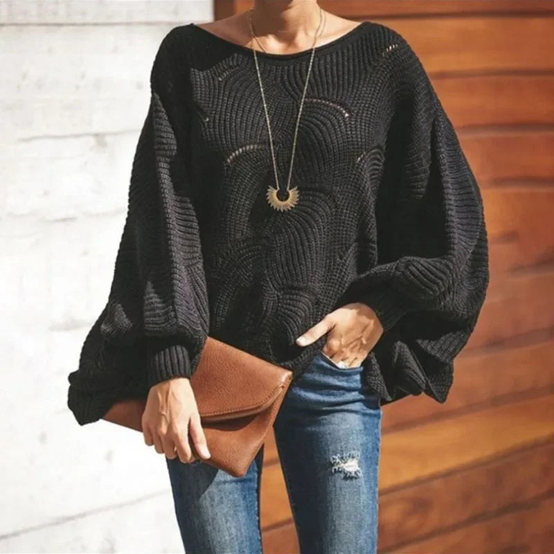 Women's Sweater 2025 Autumn Winter Elegant Hollow Out Loose Knitted Lady Pullovers Casual O-Neck Solid Lantern Sleeve Female Top