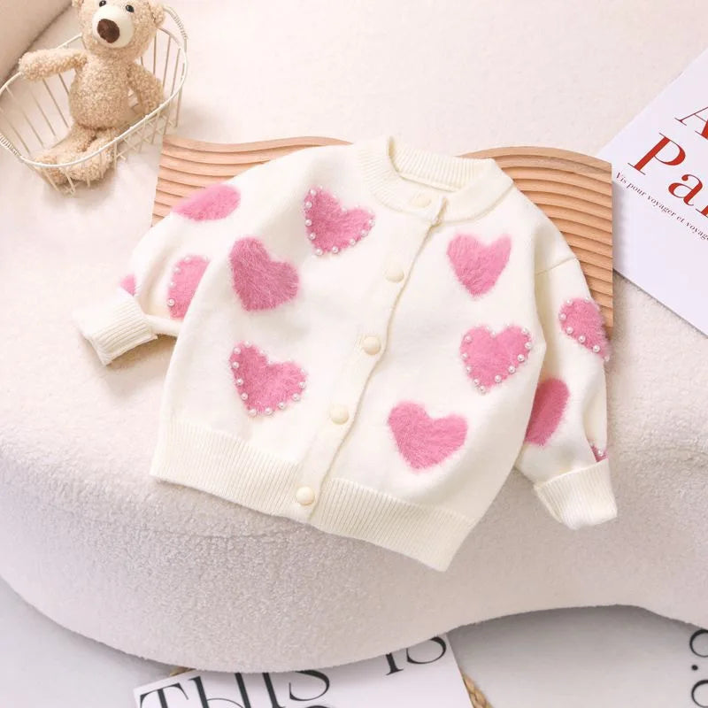 Girls' Sweaters Cardigans 2025 Autumn Winter Baby Knitted Sweaters Coats Heart-Shaped Outerwear Fashionable Children Clothes