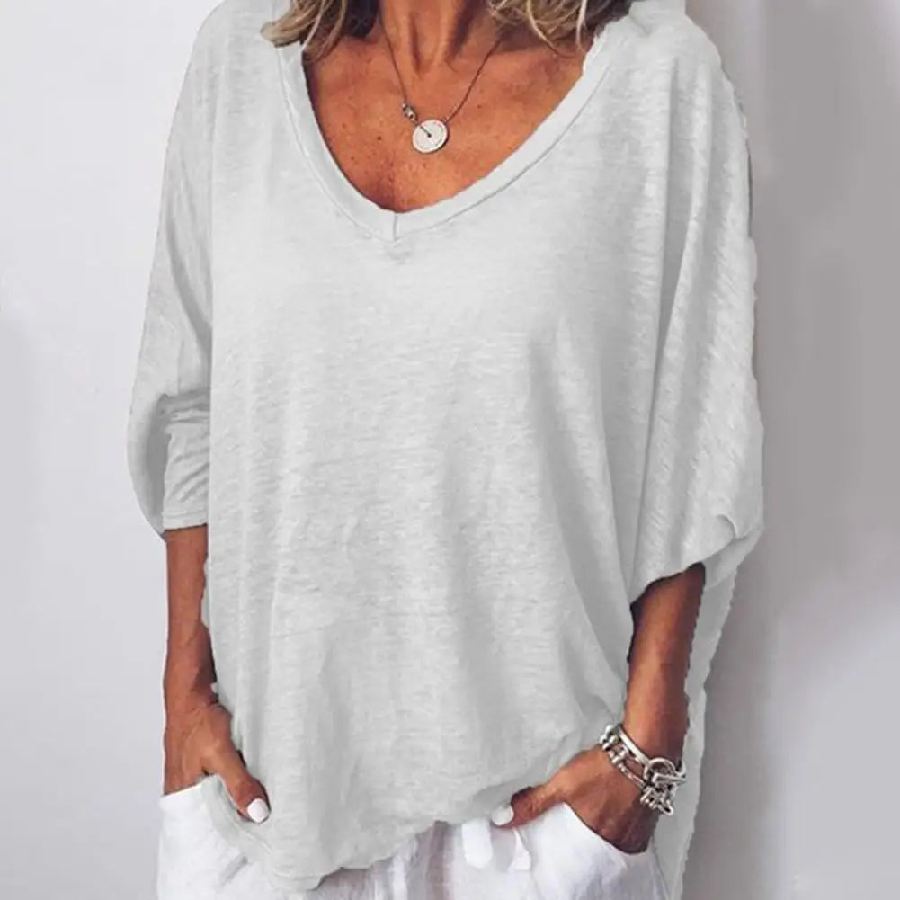 Women T-shirt Top Solid Color Women's V-neck 3/4 Batwing Sleeve T-shirt Loose Fit Lightweight Breathable Top for Casual Wear