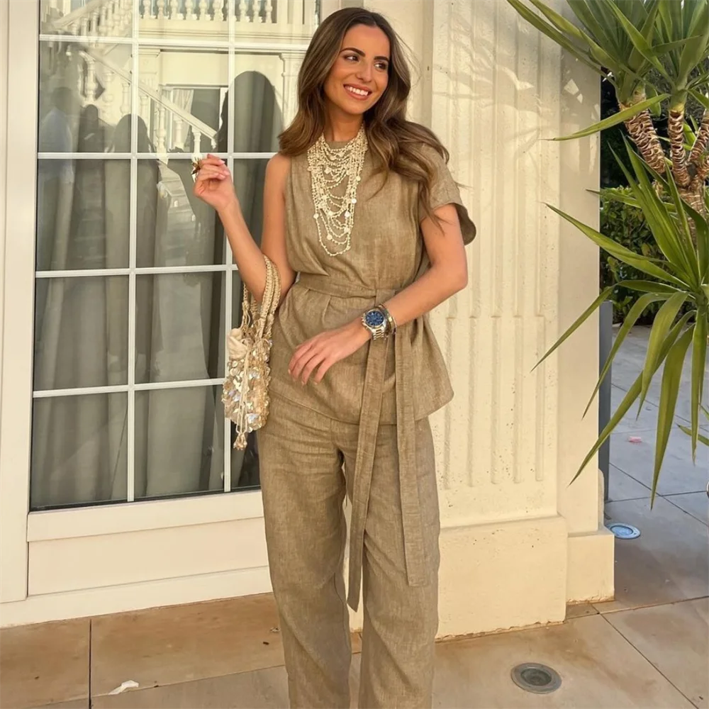 PB&ZA 2024 Spring New Women's Fashion Elegant Slim Fit Commuter Belt Decoration Suit Straight leg Pants Set