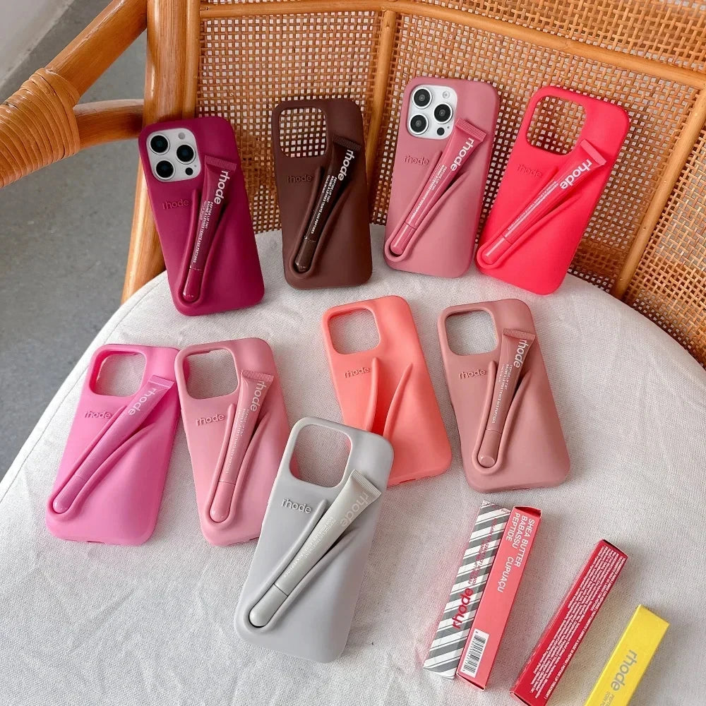 INS Hot Portable Lipstick Holder Silicone Case for iPhone 15 Pro Max 14 13  Phone  With Box Lip Gloss Cover