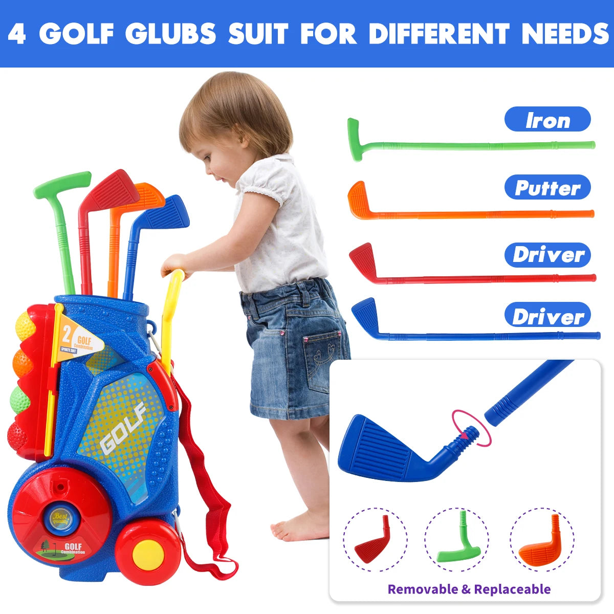 Upgraded Golf Toy Set with Golf Balls, Blue Golf Cart with Shoulder Strap, Indoor/Outdoor Sports Toy, Christmas/Thanksgiving