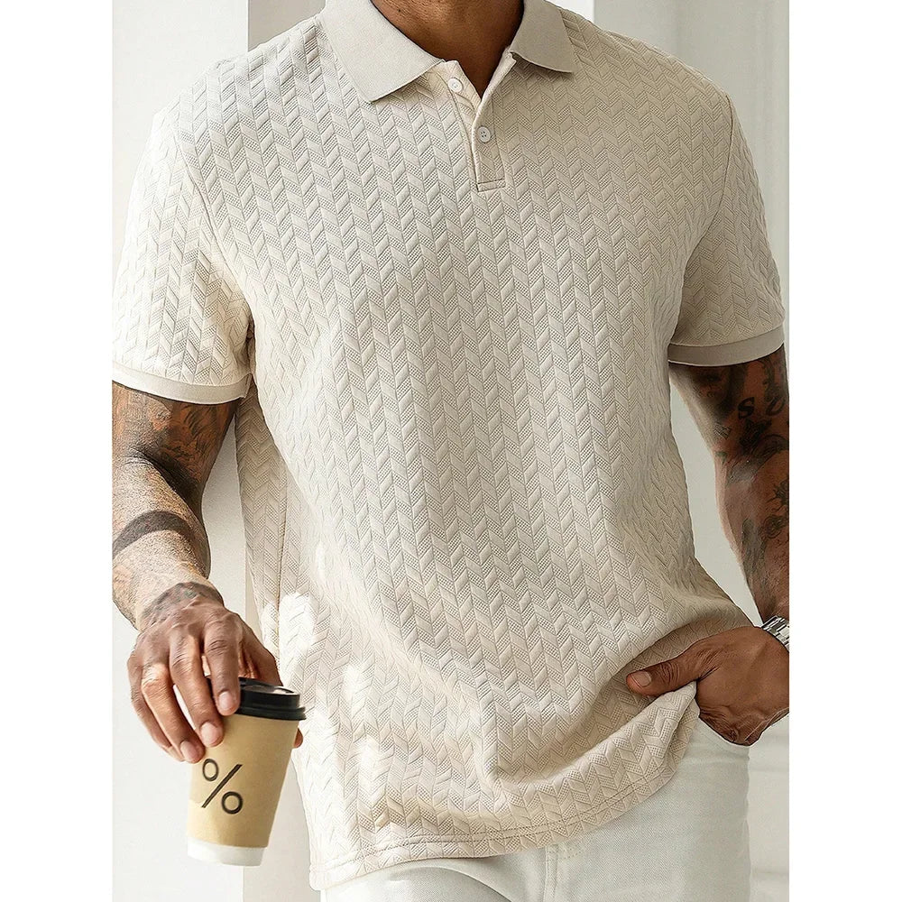 Men's Heavyweight Polo Shirt Spring Summer Short-sleeved Jacquard T-shirt Turn-down Collar Casual Fashion Button Male Clothing