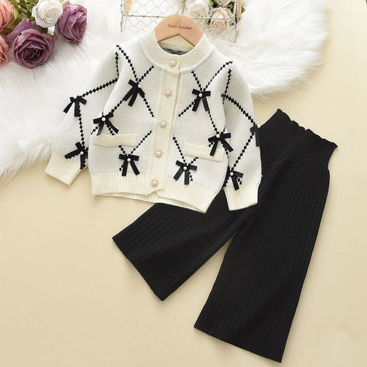 Kids Clothes Girls Autumn and Winter New Children's Clothing Bow Single Breasted Cardigan Pink Sweater+black Pants 2-piece Sets
