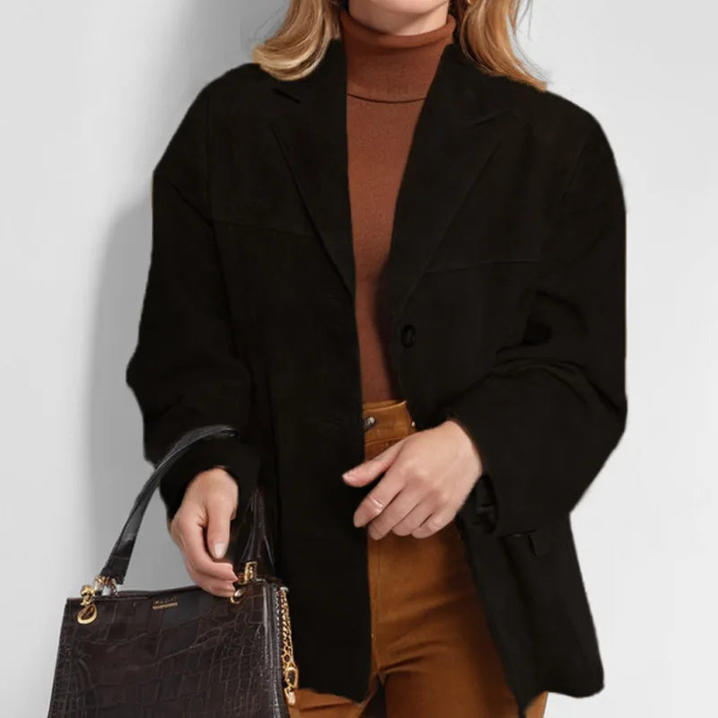 Autumn And Winter 2024 New Women's Suit Jacket Retro Brown High Street Fashion Lapel Long-sleeved Suede Jacket With Pockets
