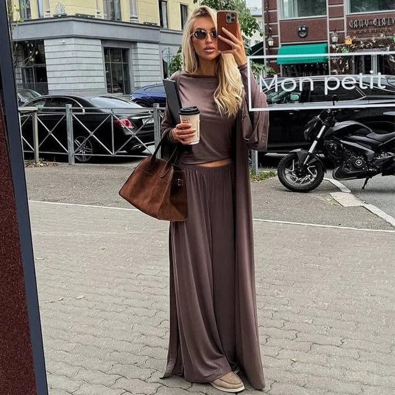 Pants Sets Women 3 Piece Off Shoulder Sleeveless Cropped Tank Top Long Cardgian Elastic Wide Leg Pant Female Suit Lady Outfits