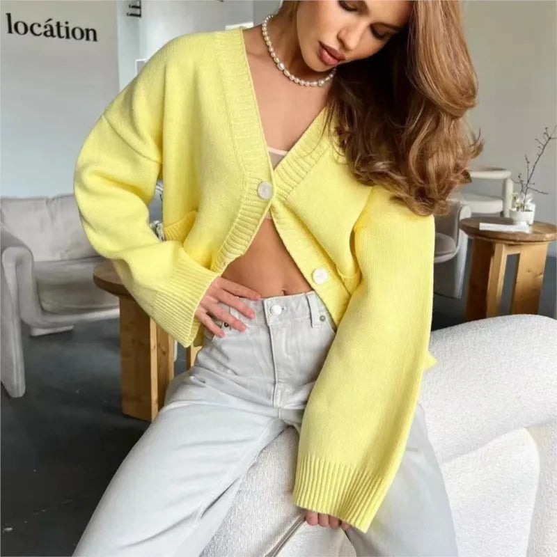 Knitted Sweater Coat Women 2025 Autumn Winter Long Sleeve V-neck Pockets Knit Jacket Cardigan New Casual Loose Sweaters Female