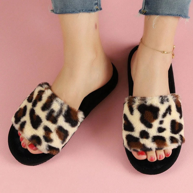 Fashion Leopard Print Fur Slippers for Women Open Toe Soft Sole Furry House Shoes Woman Winter Warm Comfort Indoor Home Slippers