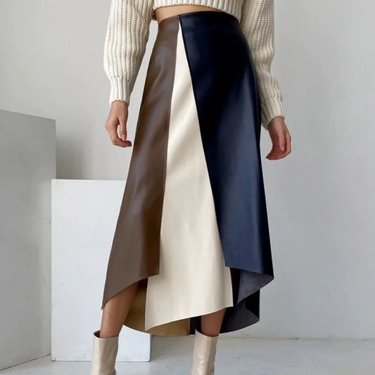 Women's Skirt 2024 Spring Autumn New Vintage Multi Color Splicing Leather Skirt High Waist Casual Medium Length A-line Skirt