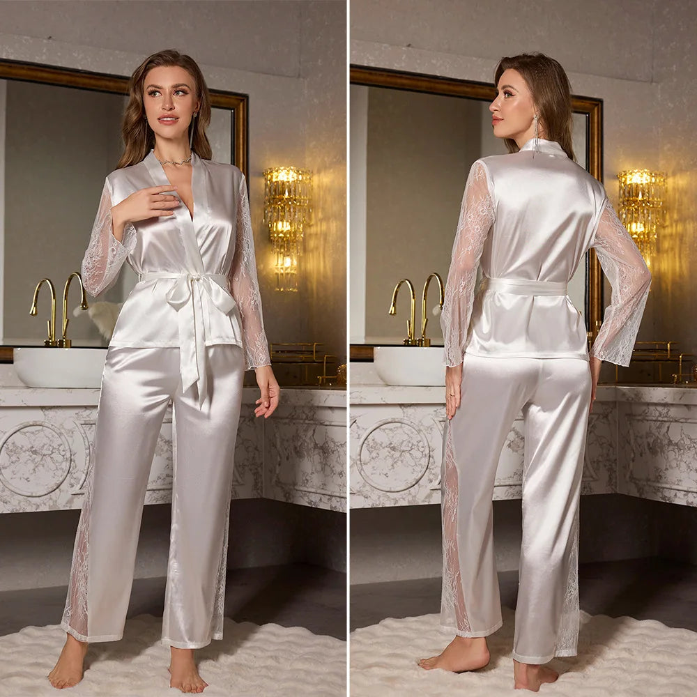 Women's Pajamas Autumn Luxurious Lace Long Sleeve Pajama Set Elegant V-Neck Robe Pants Sleepwear Loungewear
