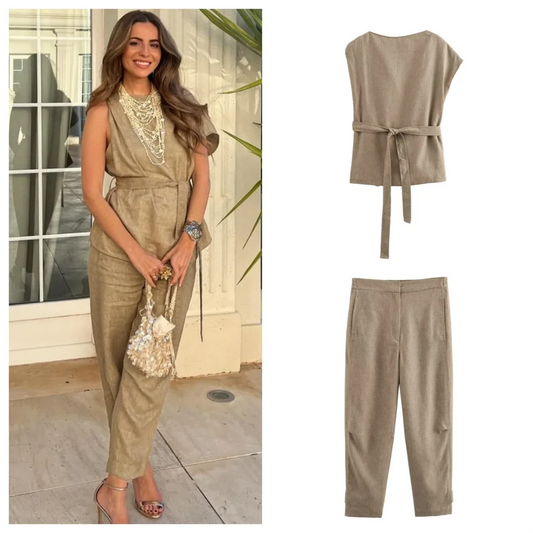 PB&ZA 2024 Spring New Women's Fashion Elegant Slim Fit Commuter Belt Decoration Suit Straight leg Pants Set