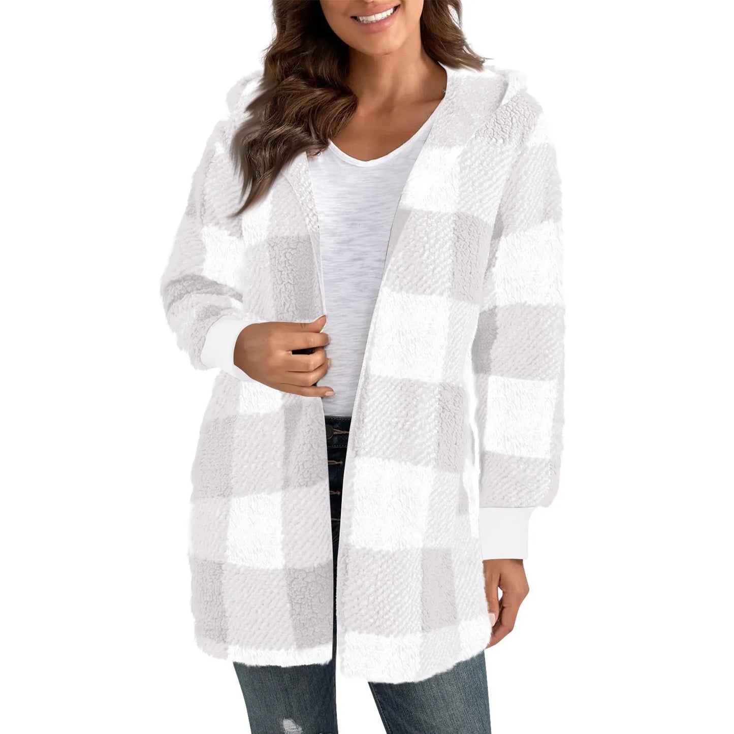 Lapel Plush Elegant Coats Plaid Faux Fur Outwear Loose Trend Women Long Sleeve Pockets Long-Cut Coats Winter Women Faux Fur Coat
