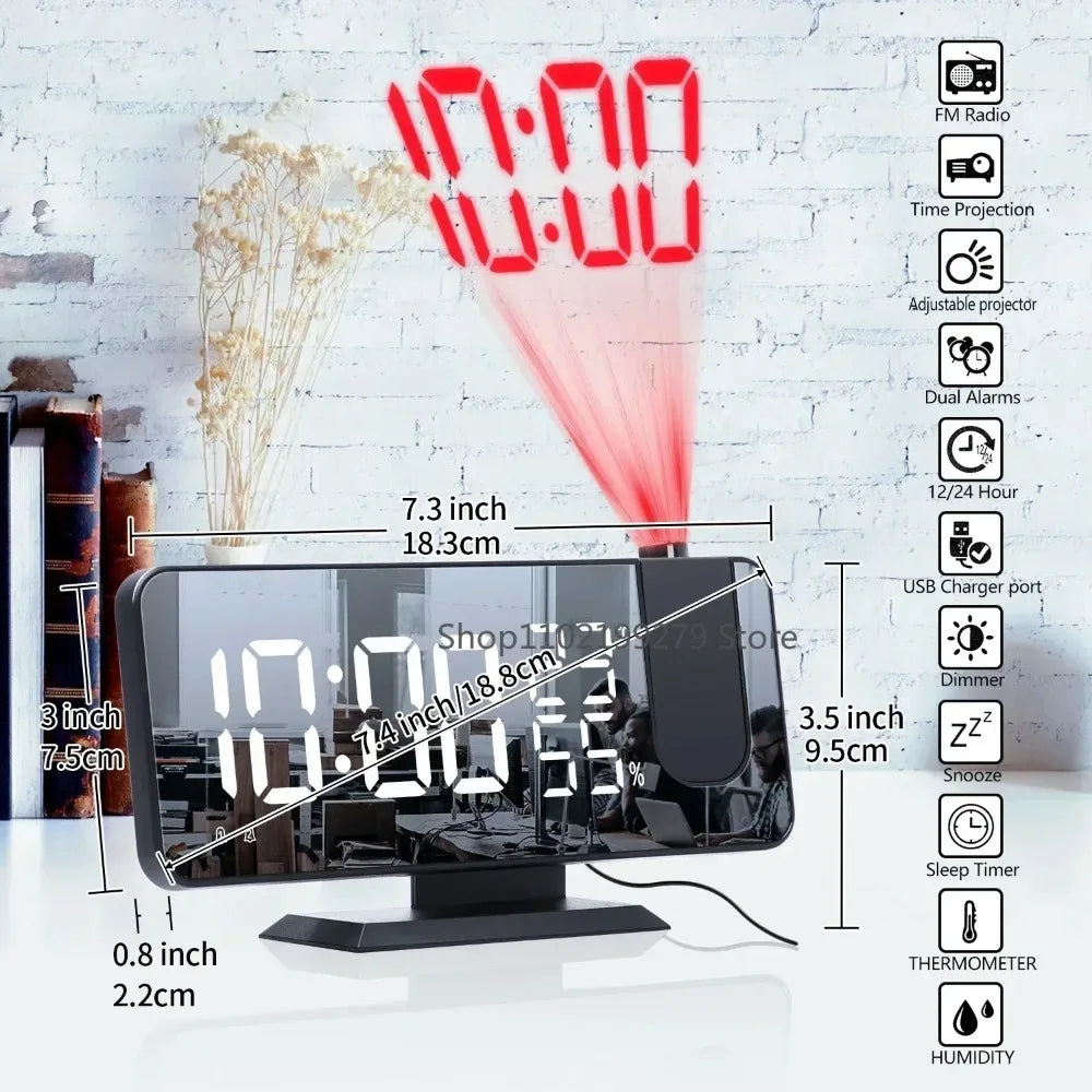 Radio LED Digital Smart Alarm Clock Watch Table Electronic Desktop Clocks USB Wake Up Clock with 180° Time Projector Snooze