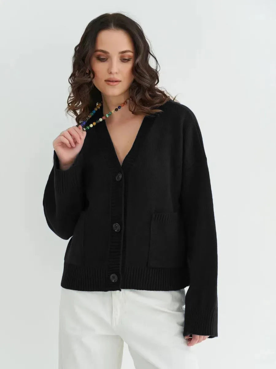 Knitted Sweater Coat Women 2025 Autumn Winter Long Sleeve V-neck Pockets Knit Jacket Cardigan New Casual Loose Sweaters Female