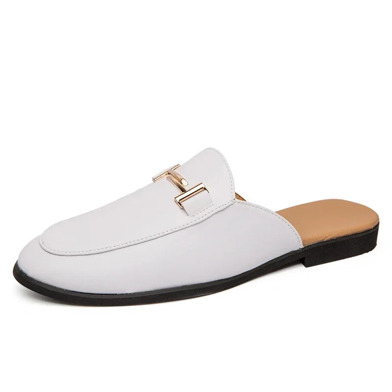 Fashion Men's Half Slippers 2022 High Quality Leather Men Shoes Classic Mules Non-slip Half Shoes Man Summer White Moccasins
