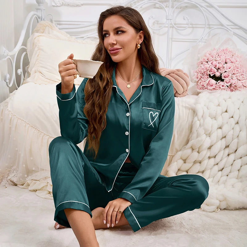 Autumn Women's Pajama Set Love Embroidered Flip Collar Long Sleeve Top and soft  Pants Casual and Comfortable Home Clothes