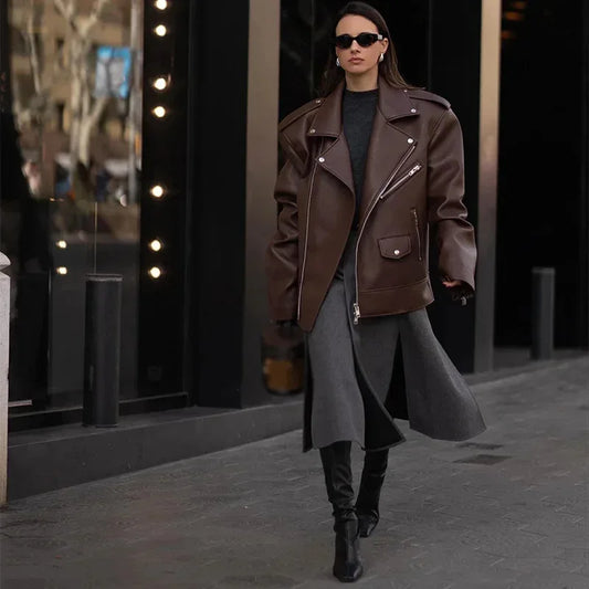 Chic Lapel Collar Leather Zipper Jacket Coat Women Casual Long Sleeve Vintage Outerwear Autumn New Solid Color Female Streetwear
