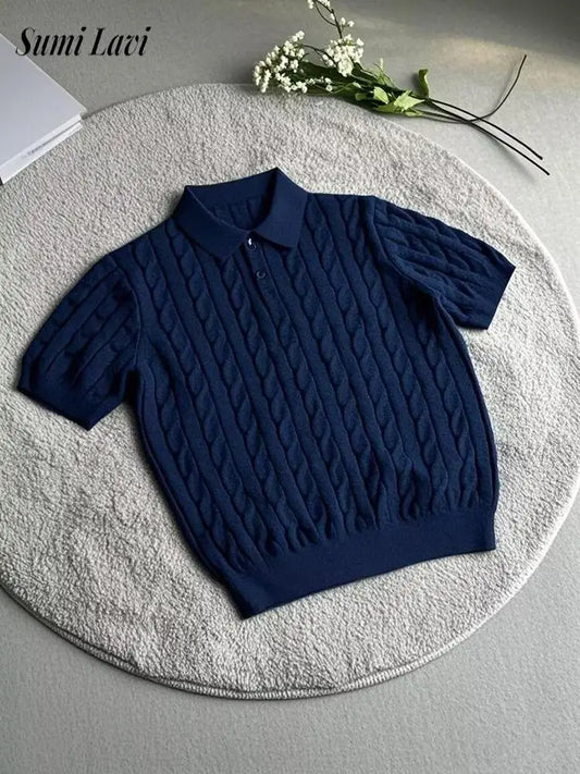 Fashionable Slim Fit Mens Knitted Polo Shirts Summer Casual Twist Jacquard Knit Tops Men Trendy Button Polo Neck Knitting Shirt