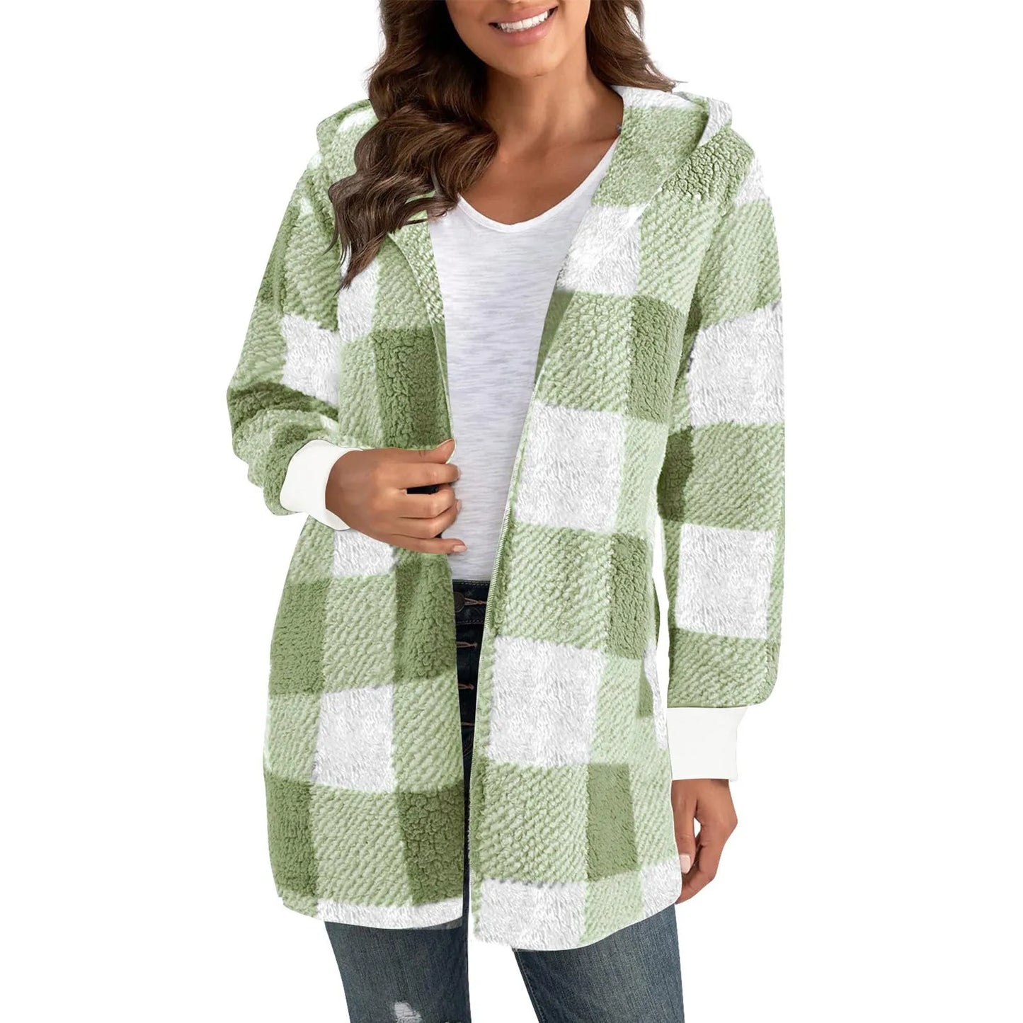 Lapel Plush Elegant Coats Plaid Faux Fur Outwear Loose Trend Women Long Sleeve Pockets Long-Cut Coats Winter Women Faux Fur Coat