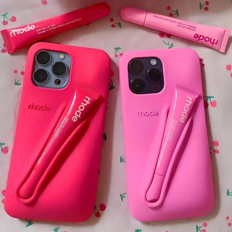 Lipgloss Lipstick Case For iPhone 15 14  13  Pro Max Soft Silicone Phone Cases Lip Balm Holder Shockproof Cover