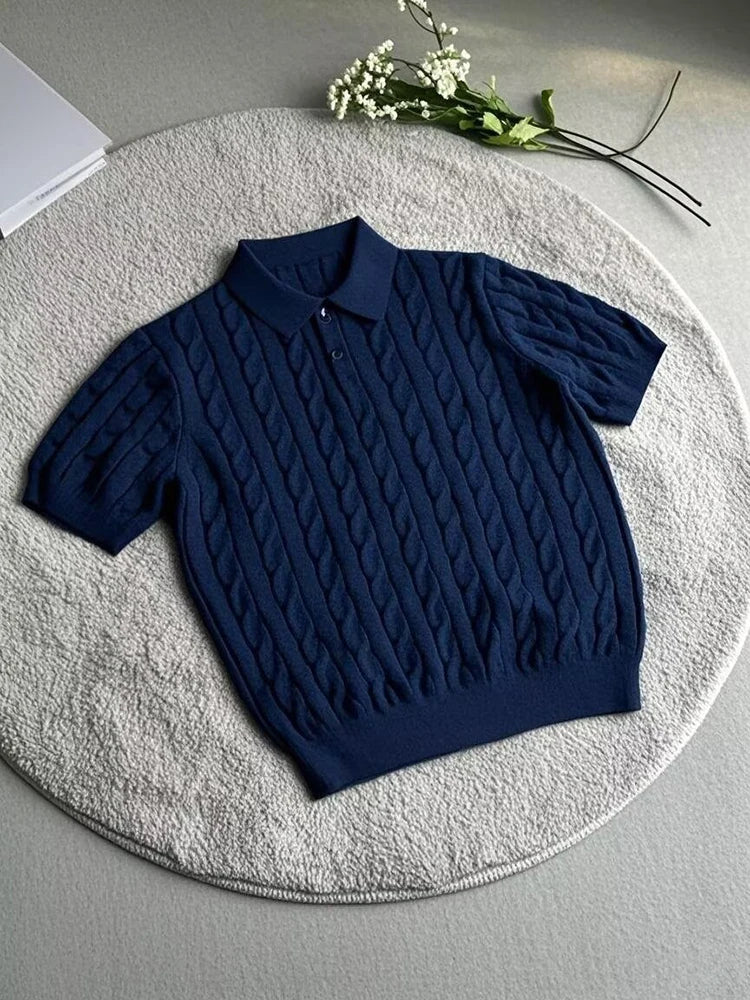 Fashionable Slim Fit Mens Knitted Polo Shirts Summer Casual Twist Jacquard Knit Tops Men Trendy Button Polo Neck Knitting Shirt