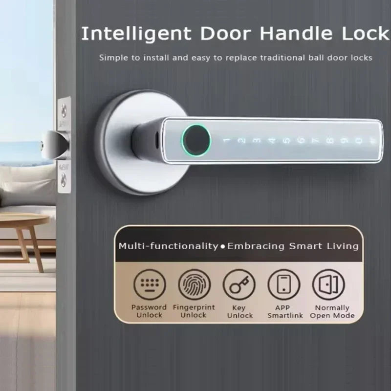 Tuya Bluetooth Smart Fingerprint Door Handle Lock Electronic Password APP Remote Unlock Hotel Apartment Office Bathroom Bedroom