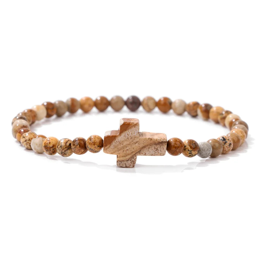 Jesus Cross Bracelet 4mm Beads Natural Stone Indian Agates Amethysts Quartzs Beaded Bracelets For Women Men Prayer Jewelry