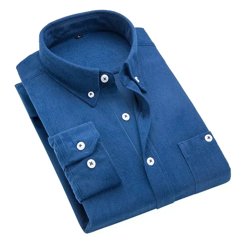 Casual Men Corduroy Shirt 2025 Spring Autumn Long Sleeve Striped T Shirts Male Slim Fit Shirt Turn-down Collar Camisa Masculina
