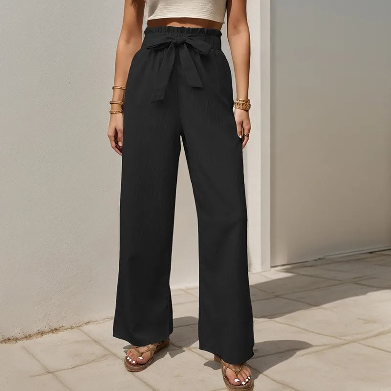 Fashionable and versatile casual straight trousers for women with lace-up ruffled elastic trousers