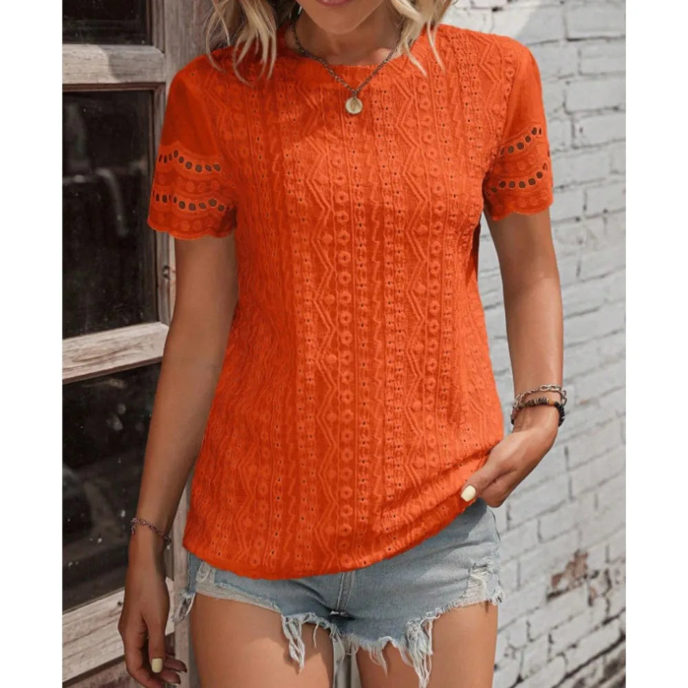 Women's T-shirt COTTON Tops 2024 Summer Street Hollowed Out Simple Solid Color V Casual Shirt Y2k T Shirt White Blusa Mujer Moda