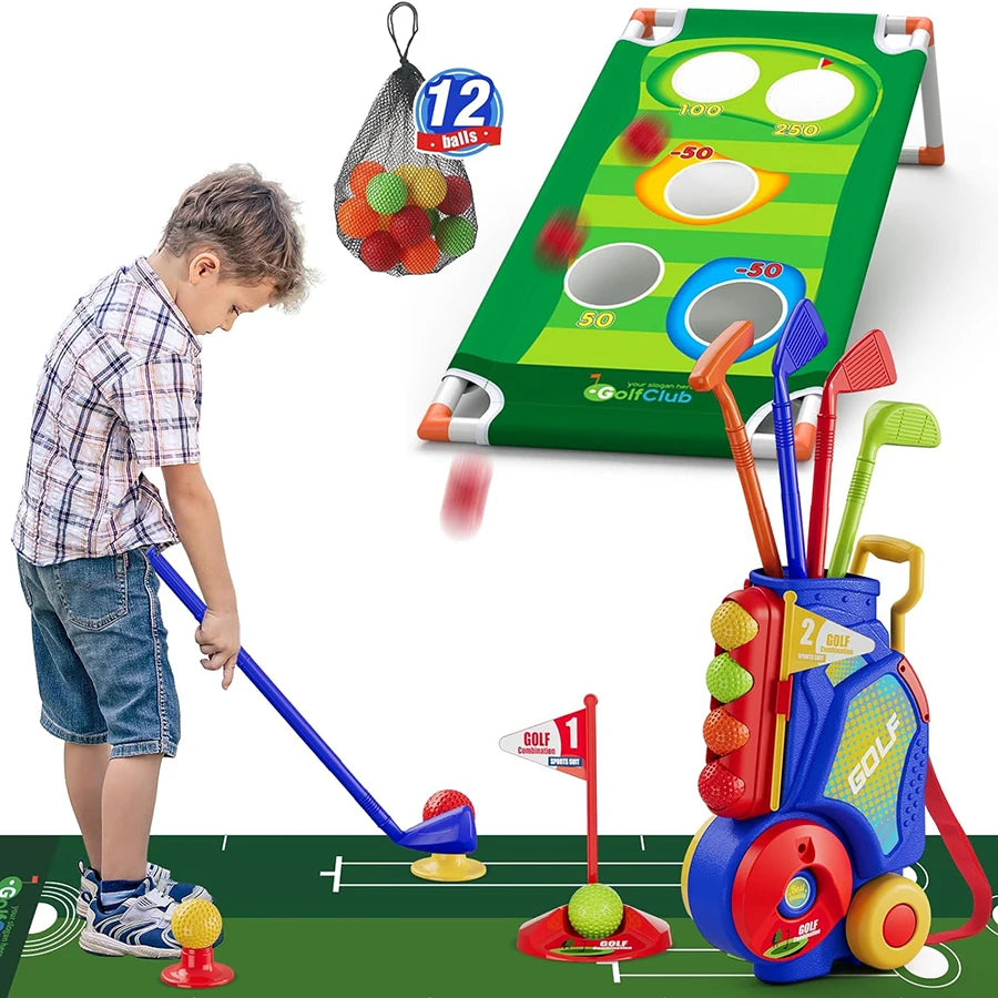 Upgraded Golf Toy Set with Golf Balls, Blue Golf Cart with Shoulder Strap, Indoor/Outdoor Sports Toy, Christmas/Thanksgiving