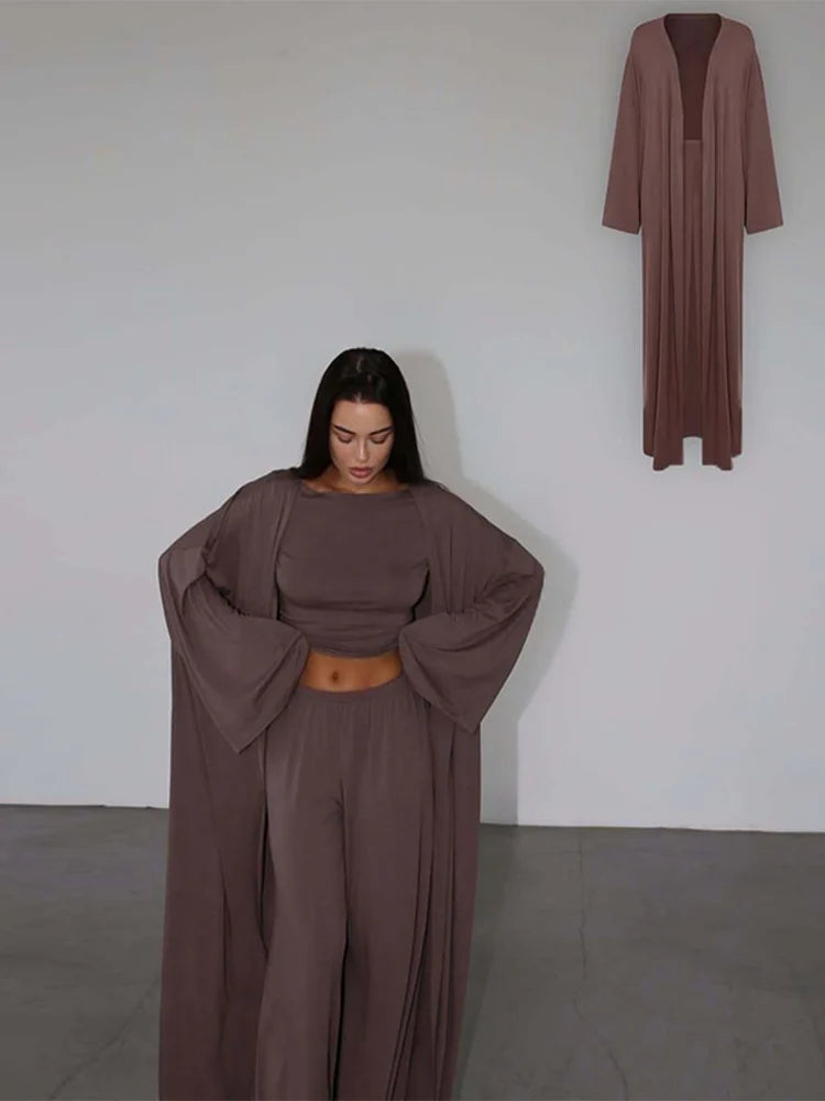 Pants Sets Women 3 Piece Off Shoulder Sleeveless Cropped Tank Top Long Cardgian Elastic Wide Leg Pant Female Suit Lady Outfits