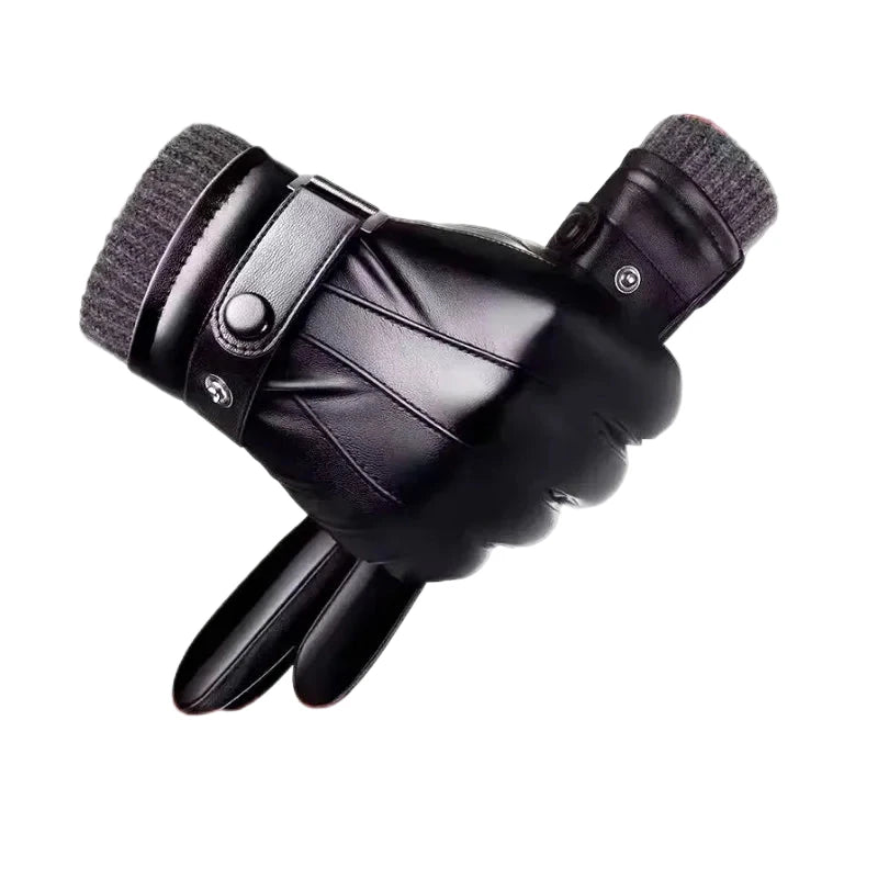 Winter Gloves for Men Genuine Leather Gloves Warm Plus Velvet Touch Screen Gloves Outdoor Cycling Driving Motorcycle PU Gloves