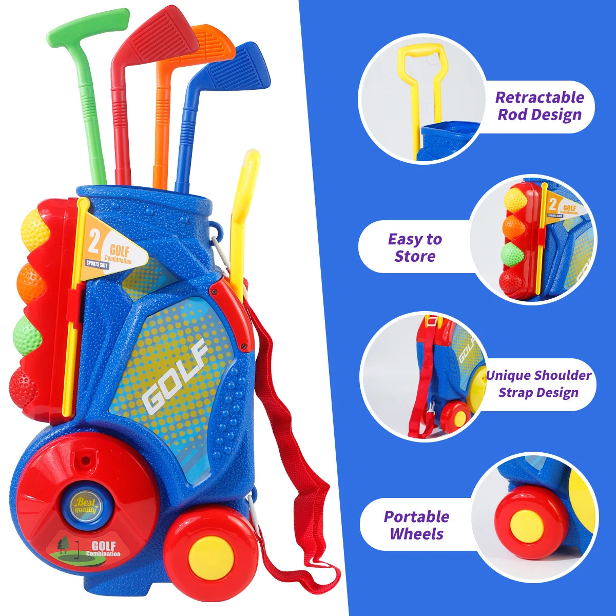 Upgraded Golf Toy Set with Golf Balls, Blue Golf Cart with Shoulder Strap, Indoor/Outdoor Sports Toy, Christmas/Thanksgiving