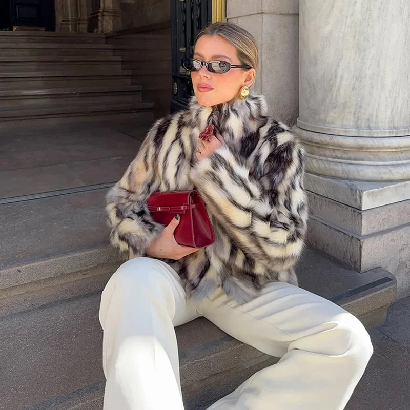 Women's Fashion Faux Fur Warm Coat Autumn Winter Turn-down Collar Long Sleeve Jacket Coats Female Outerwear Chic Tops