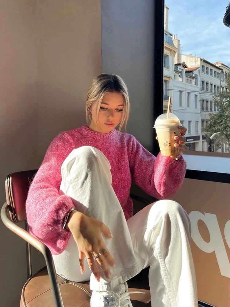 Women's Sweater 2023 Fashion Cute Vintage Solid Backless Knitted Pullovers Knitwear Long Sleeves O-Neck Female Chic Lady Tops