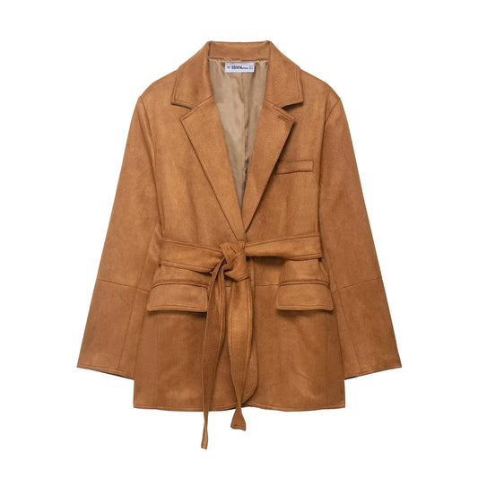 2025 Autumn Faux Suede Vintage Jacket Coats For Women Khaki Casual Lace Up Long Sleeve Cardigan Coat Fashion Commuter Jackets