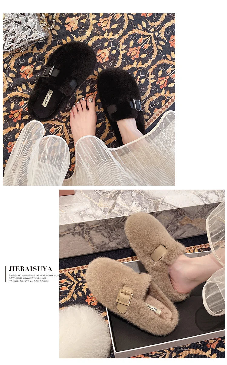 Women's Slippers, Winter Comfortable Plush Warm Casual Slippers Outdoor Fashionable Plush Women's Shoes Pantuflas Mujer